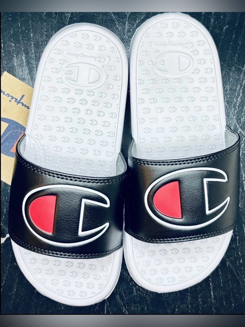 Champion Super Script Slide Sandals Big Kids Size 1 Black White Red Logo NWT